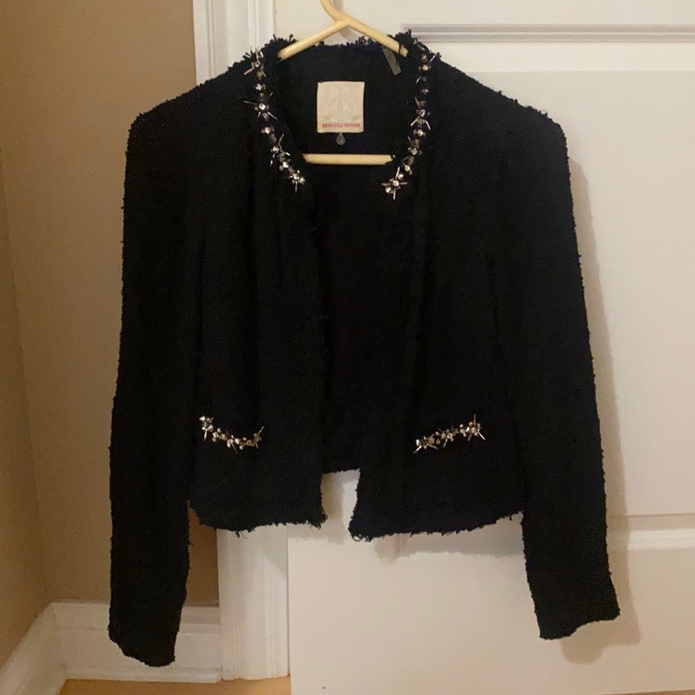 Rebecca Taylor black tweed blazer with rhinestone detail